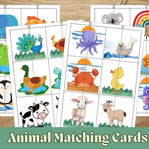 36 Animals Matching Game For Kids, Symmetry Puzzle, Match Picture Card, Printable Toddler Preschool Montessori Flashcards