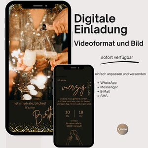 eCARD Birthday Party Invitation Champagne for 18th, 20th, 30th, 40th, 50th, 60th animated digital WhatsApp birthday invitation gold video