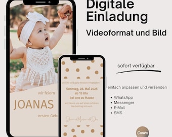 Digital invitation 1st birthday, video personalized invitation cards for children's birthday photo, eCard invitation girl boy WhatsApp