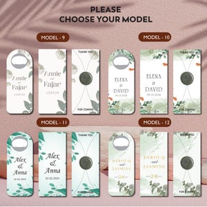 Puede incluir: Una selección de abridores de botellas y etiquetas para recuerdos de boda con nombres y fechas. Las etiquetas presentan diseños florales y las palabras "Gracias" y "Por venir". El texto "Por favor, elige tu modelo" está en la parte superior.