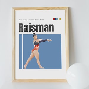 May include: A poster with a blue background featuring a female gymnast in a red, white, and blue leotard performing a floor routine. The poster has the text "Raisman" in bold black letters and a list of her accomplishments.