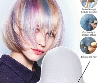 Silicone Dye Hat Reusable Cap for Hair Color Highlighting Hairdressing + Needle