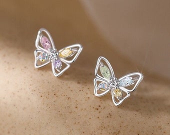 925 Sterling Silver Crystal Colourful Butterfly Stud Earrings Womens Jewellery