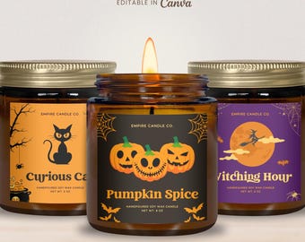 Halloween Candle Label Template, Editable Canva Candle Label, Spooky Candle Sticker, Fall Candle Jar Label, Instant Download