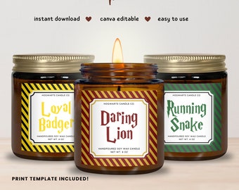 May include: Three amber glass candle jars with gold lids, each featuring a rectangular label with striped borders. The labels display the text Hogwarts Candle Co., Handpoured Soy Wax Candle, Net Wt. 8 oz, and the phrases Loyal Badger, Daring Lion, and Running Snake.