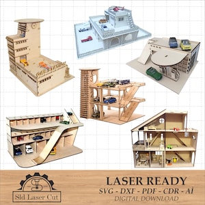 Puede incluir: Kits de modelos de madera cortados con láser de una gasolinera, un estacionamiento de varios niveles y una casa. Los kits están listos para ensamblar y son perfectos para una colección de coches en miniatura.