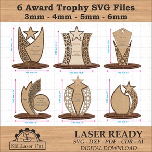 6 verschiedene Designs Award Trophy Laser Cut Files Pack, Award Trophy SVG-Dateien, Laser Cut-Dateien, svg-Dateien für Cricut