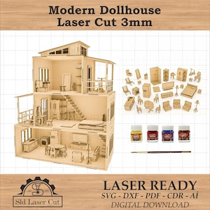 Modernes Puppenhaus Laser Cut 3mm Puppenhaus svg, DIY Puppenhaus Kit - Holz Puppenhaus Miniatur mit 32 Möbelstücken 3 Stock großes Puppenhaus