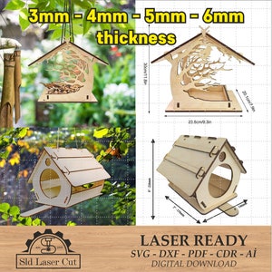 Könnte beinhalten: Lasergeschnittenes Vogelhäuschen-Design in zwei Stilen. Der erste Stil ist ein baumförmiges Vogelhäuschen mit einer Höhe von 30 cm und einer Breite von 23,6 cm. Der zweite Stil ist ein hausförmiges Vogelhäuschen mit einer Höhe von 20,1 cm und einer Breite von 23,6 cm. Das Design ist in den Stärken 3 mm, 4 mm, 5 mm und 6 mm erhältlich. Der Text "LASER READY" ist im Bild dargestellt. Der Text "SVG - DXF - PDF - CDR - Aİ" ist im Bild dargestellt. Der Text "DIGITAL DOWNLOAD" ist im Bild dargestellt.
