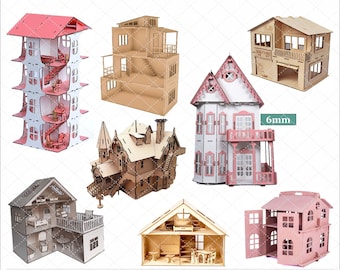 May include: A collection of wooden dollhouses in various styles and sizes. Some are painted white and pink, while others are left in their natural wood color. The dollhouses feature multiple stories, balconies, and intricate details, showcasing a variety of architectural designs.