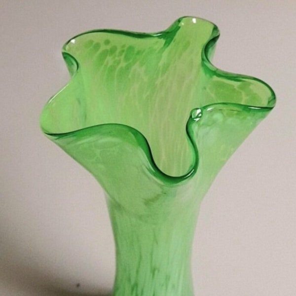 1960s Clichy french green art glass ruffled edge vase hand blown posy vase