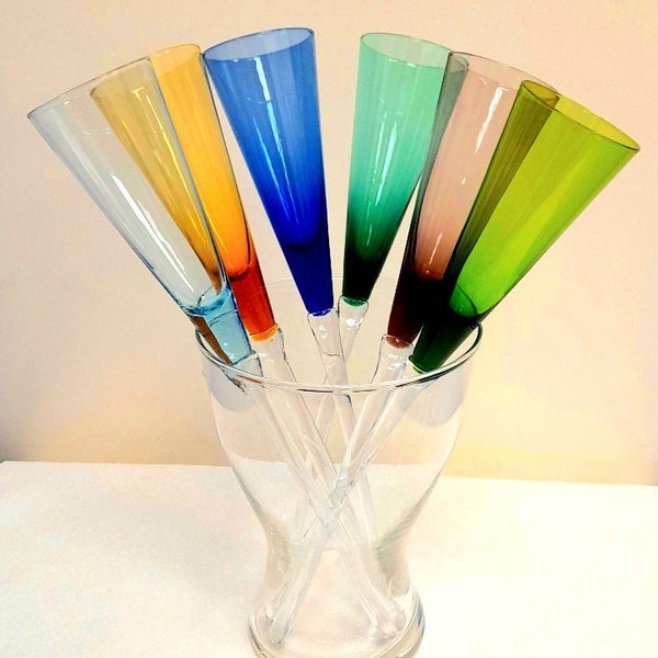 Vintage Art Glass champagne toasting flutes, hand blown glass long colourful bowl long baseless celebration (set of 6) champagne glasses