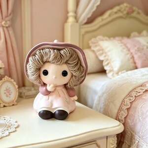 May include: A small figurine of a child with large black eyes, wearing a dusty rose bonnet and a matching dress with long sleeves. The figure has light brown curly hair, a pale complexion, and dark brown shoes, posed with one hand near the chin.