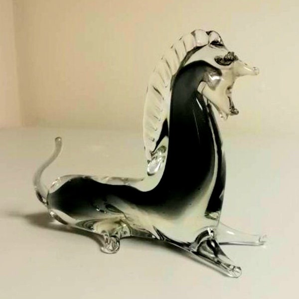 Figurine sculpture cheval d'Archimède Seguso Sommerso Murano en verre soufflé noir et transparent des années 1960
