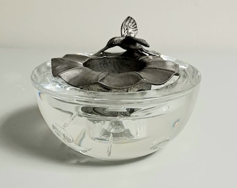 1980s Royal Doulton Lead Crystal and Pewter Humming Bird Tea Light Holder Rare