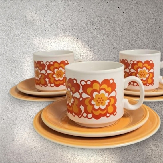 1960s Elayne Fallon Orange Floral Trio: Staffordshire Ironstone
