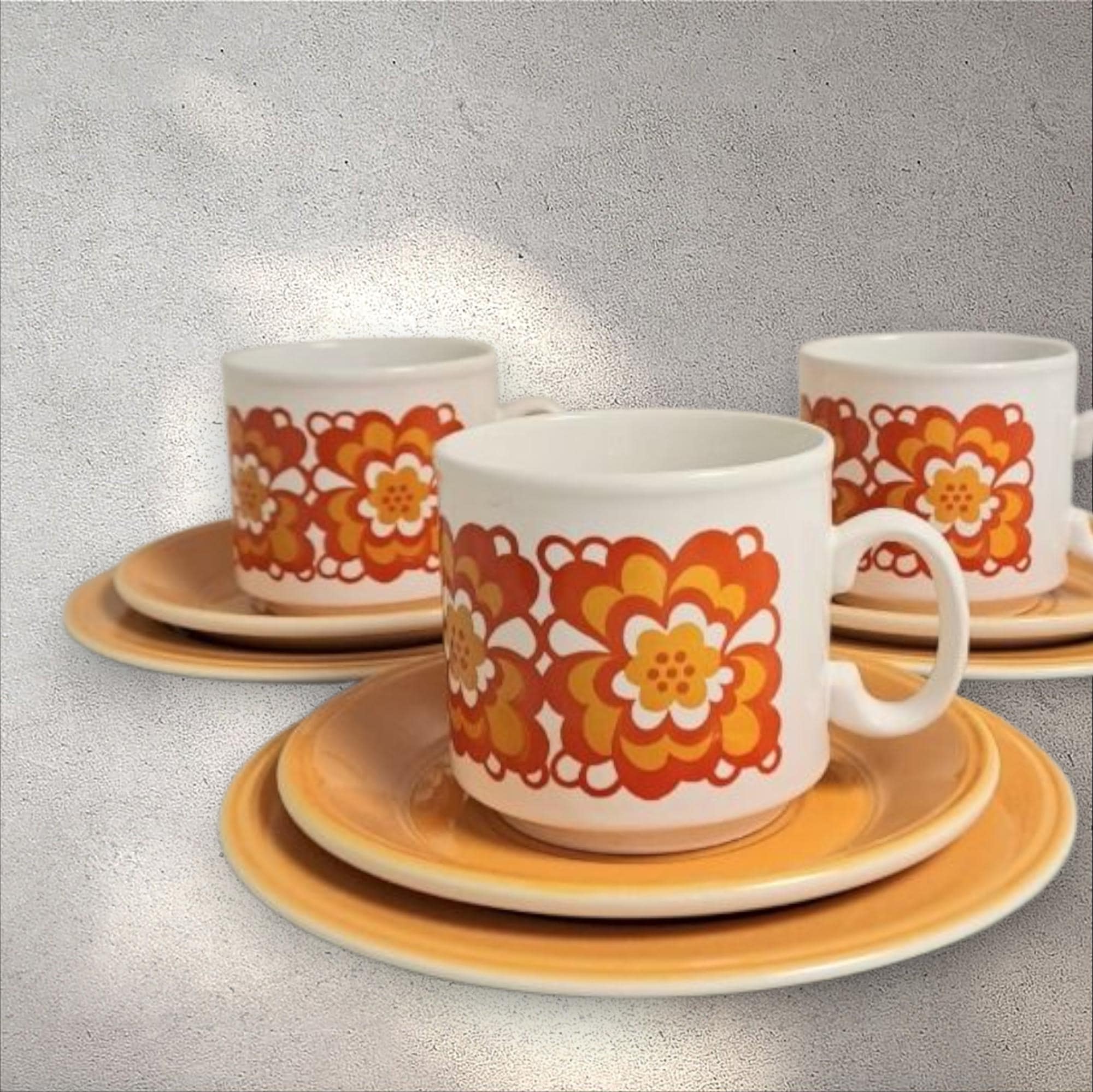 1960s Elayne Fallon Orange Floral Trio: Staffordshire Ironstone