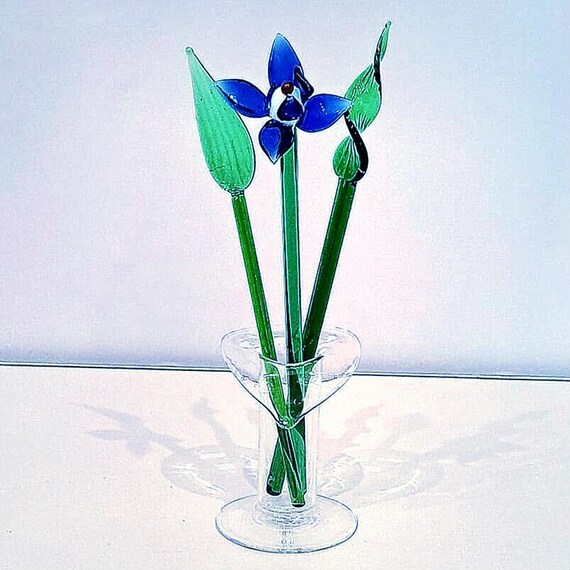 1980s Suffolk Studio Miniature Blown Glass Vase With Blue Flower