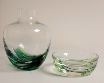 1970's Caithness Green Oban Glass Vase and Trinket Dish Set