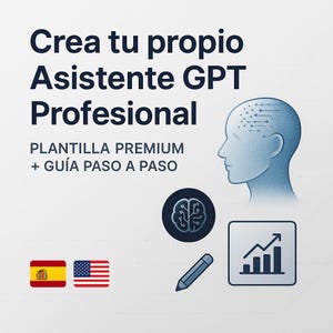 May include: A blue and white illustration of a brain with a circuit board design. The text "Crea tu propio Asistente GPT Profesional" is in Spanish. The text "PLANTILLA PREMIUM + GUÍA PASO A PASO" is also in Spanish. There are two flags, one for Spain and one for the United States. There is a pencil, a graph with an upward arrow, and a blue and white illustration of a head with a circuit board design.