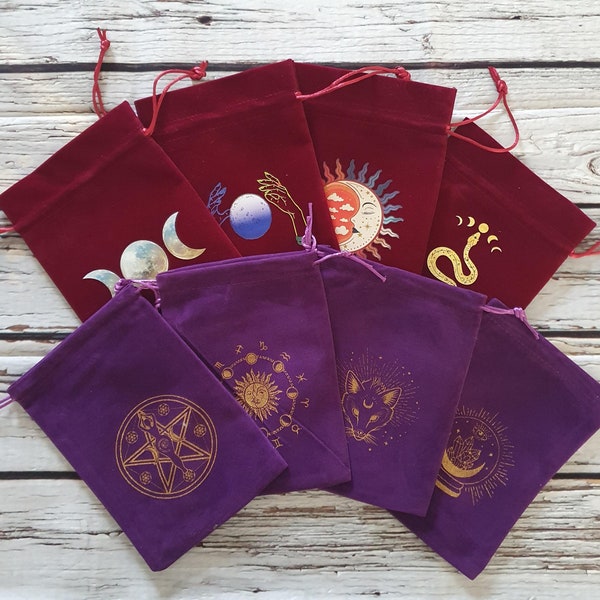 Tarot Card Pouch - Velvet  Tarot Storage, pentagram, crystal ball, sun and moon, Sacred Geometry, tarot lover gift