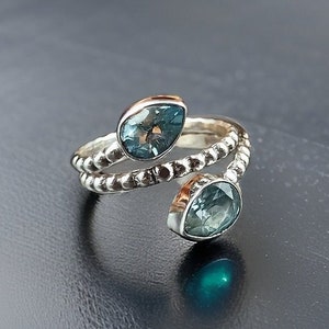 Blauer Topas Ring, Statement Ring, 925 Sterling Silber Ring, Doppel Stein Ring, Birnen Form Stein Ring, handgemachtes Ring Geschenk für ihren Geburtstag.