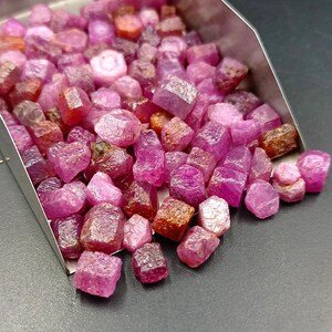 May include: A collection of small, raw, unpolished ruby gemstones in shades of vibrant pink, magenta, and deep red. The stones are contained within a metallic silver-coloured scoop, with some individual crystals spilling out onto the surface.