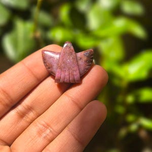 May include: A small, carved stone figurine in the shape of a bird, with outstretched wings. The stone is a deep pink colour with darker brown markings. The figurine is held in a hand against a blurred green background.
