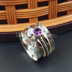 Amethyst Gemstone Handmade 925 Sterling Silver Boho Spinner Ring Gift For Mom, Thumb Band Rings, Meditation Ring For Women, All UK Size Ring