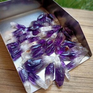 May include: A selection of raw amethyst crystals, showing a gradient from deep purple to clear. The crystals are presented in a small, rectangular metal tray, placed on a wooden surface.