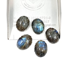 May include: Five carved labradorite scarab beetle gemstones. The beetles are oval-shaped with detailed carvings, displaying iridescent blue and green flashes. They are arranged on a silver tray, with text from "Natural Color Stone Ltd."