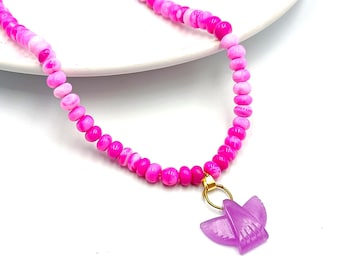Candy Pink Opal Eagle Necklace – Hand Carved Gemstone Bird Pendant, Pink Opal Beaded Jewelry, Unique Gift for Women, Nature Lover Necklace