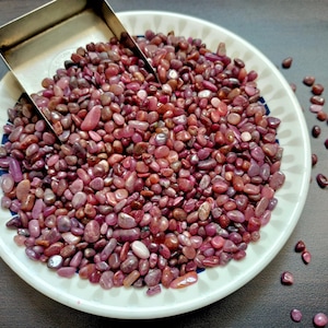 May include: A white bowl filled with numerous small, polished, deep red and pinkish-purple gemstone pebbles. A metallic scoop is partially submerged in the pile of stones, and several loose pebbles are scattered outside the bowl.