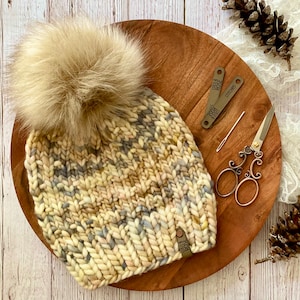Hand-Dyed Merino Wool Beanie in Cream with Blue, Blush, and Brown Tones | Winter Toque with Pom-Pom | Stylish Toboggan for Women & Teens