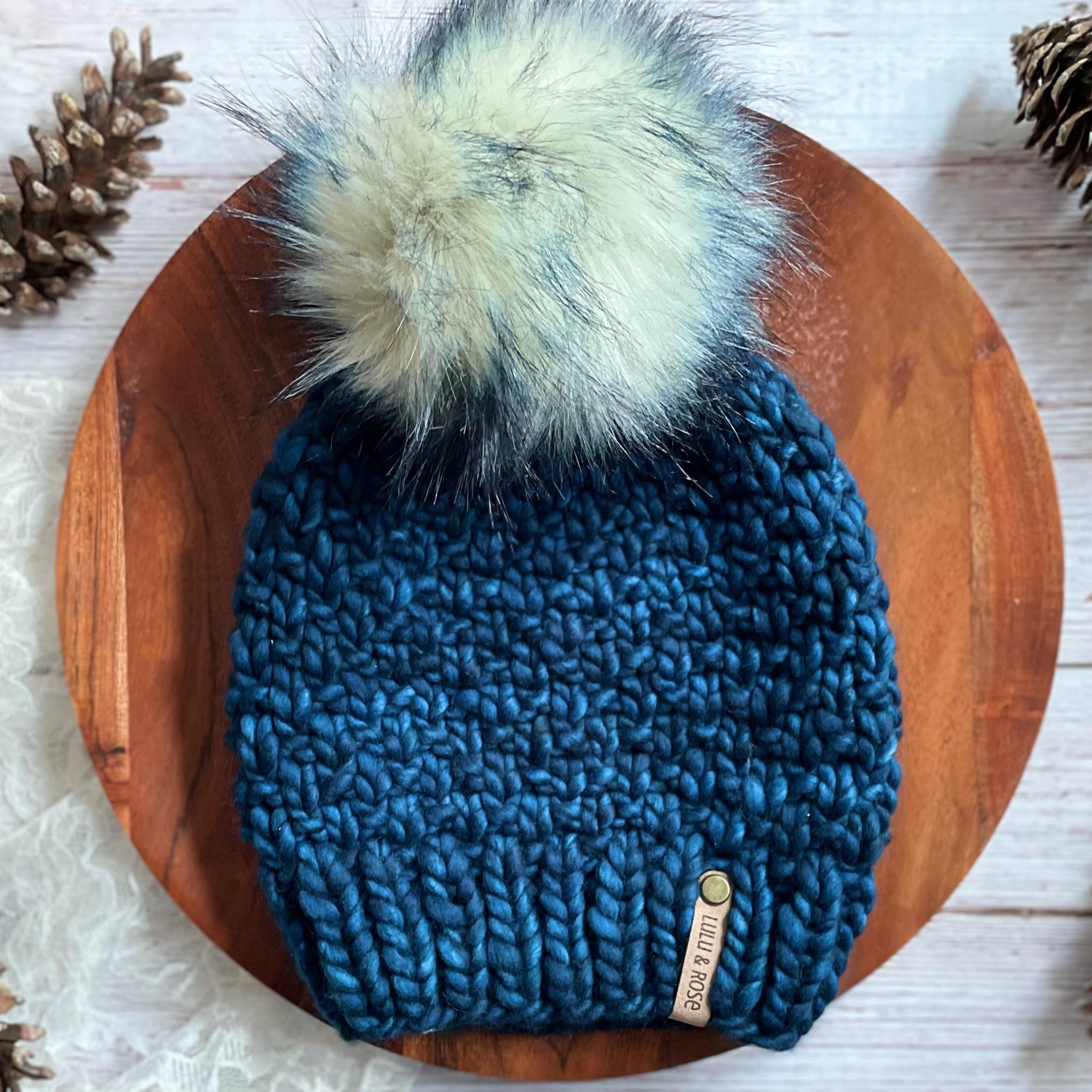 Hand-knit Merino Wool Beanie: Deep Blue With Faux Fur Pom - Etsy