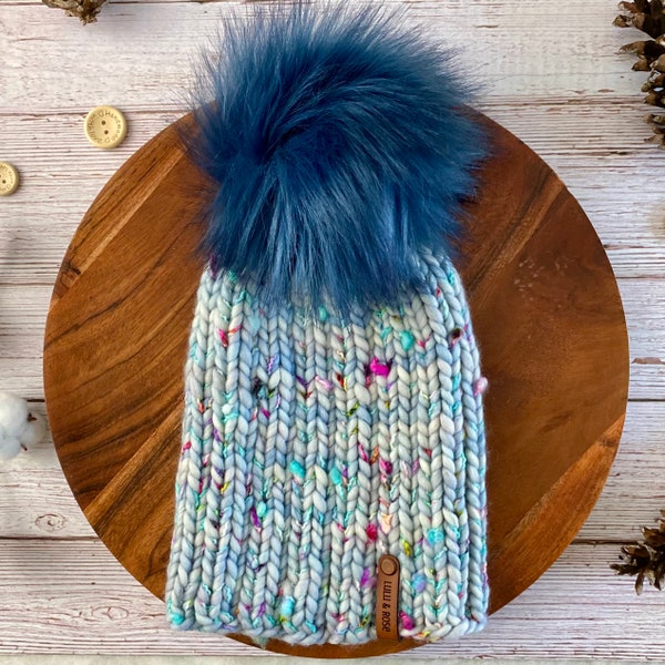 Blue 100% Bulky Merino Wool  Beanie with Pops of Color - Cozy Knit Toque, Blue Faux Fur Pom, Stylish Winter Tobbogan, Hand-Knit Gift Idea