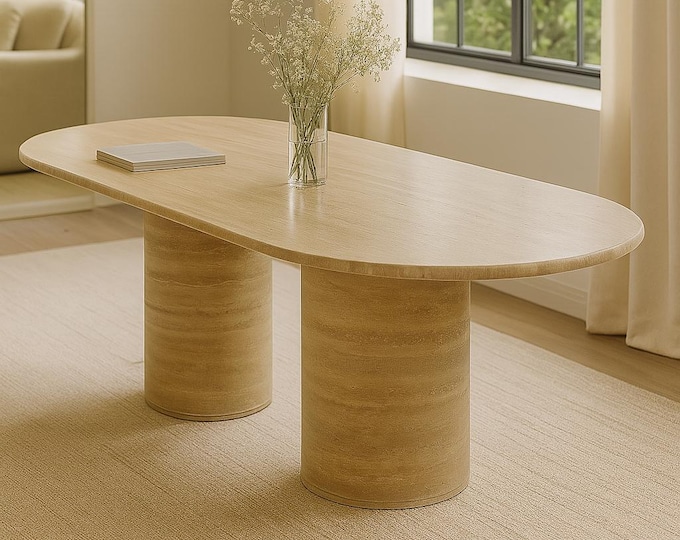 Handcrafted Oval Travertine Dining Table – Modern Minimalist Stone Table with Cylindrical Legs