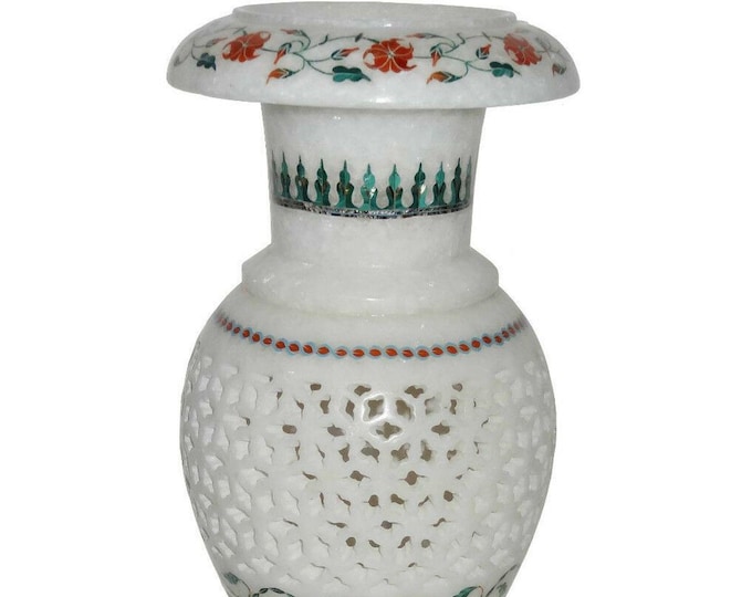 11 Inches White Marble Decorative Vase with Intricate Floral Inlay Work