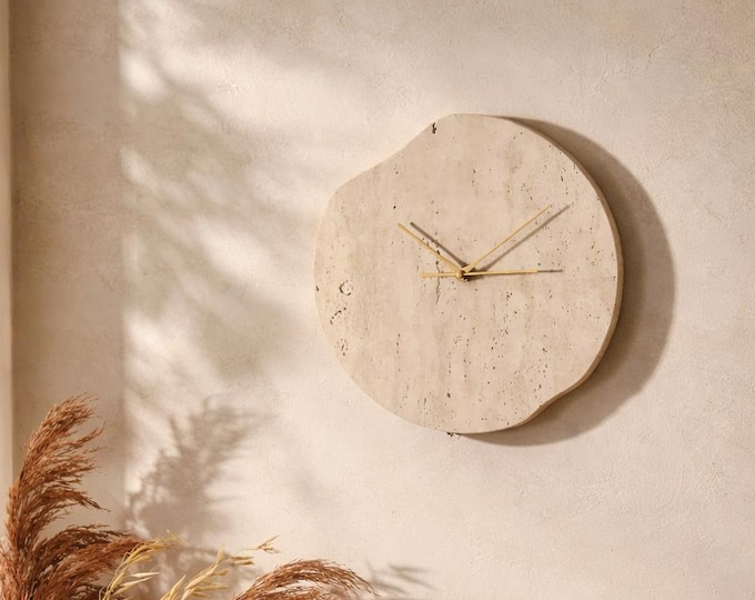 Natural Travertine Stone Wall Clock – Minimalist Home Decor