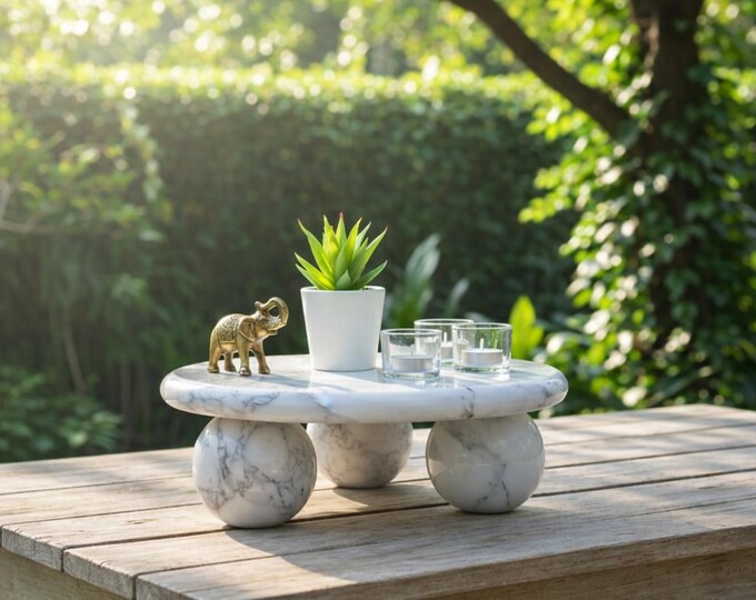Round White Marble Pedestal Tray with Sphere Legs – Minimalist Coffee Table Centerpiece