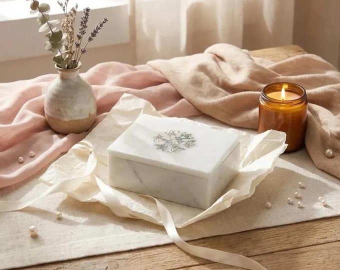 White Marble Jewelry Box with Abalone Snowflake Inlay