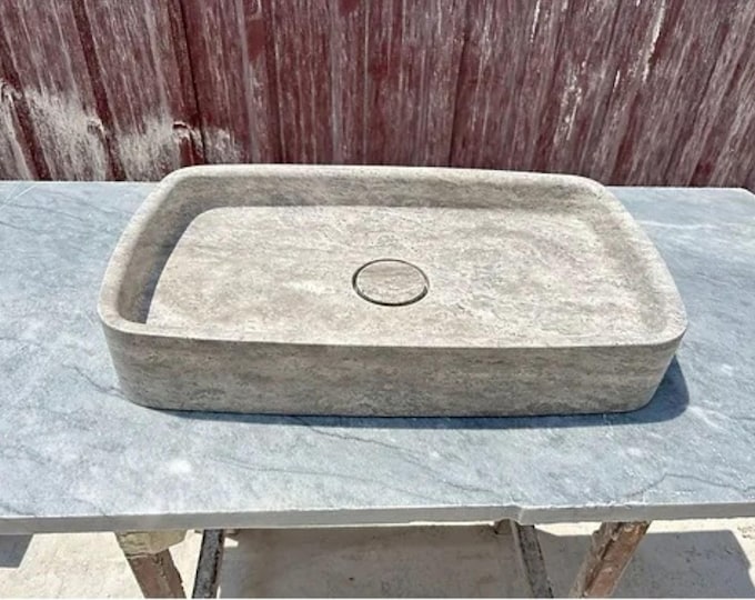 Italian Silver Travertine Countertop Washbasin Bathroom Sink, Marble Vessel Sink