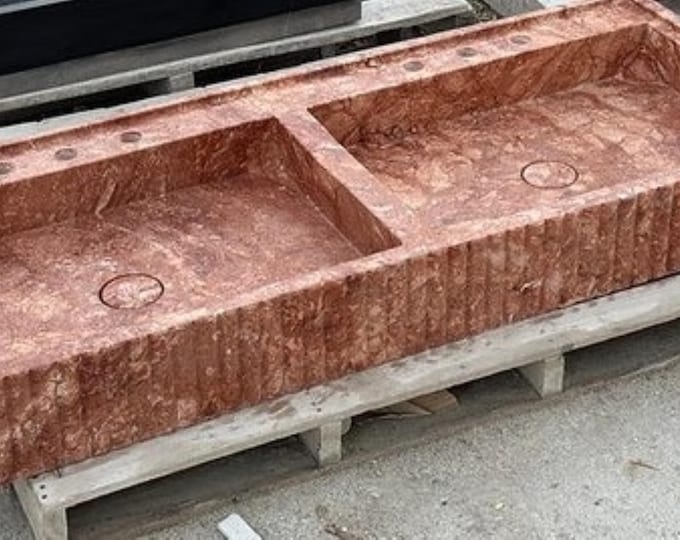 Italian Red Travertine Wall-mount Double Sink