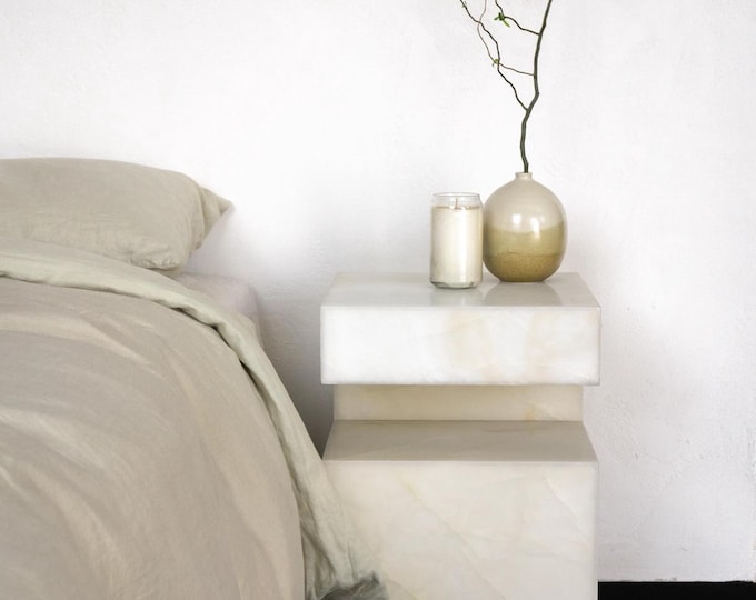 Natural White Onyx Bedside Table: Handmade Stone Plinth