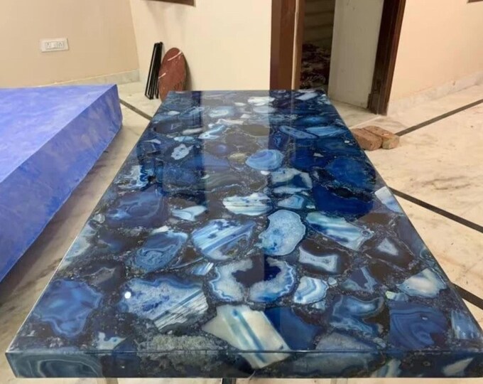 36 x 22 Blue Agate Table Top Handmade With 28" Steel Base/ Legs