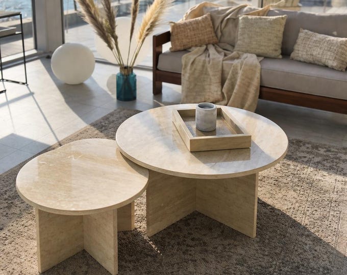 Handmade Travertine Nesting Coffee Table Set, Round Natural Stone Tables