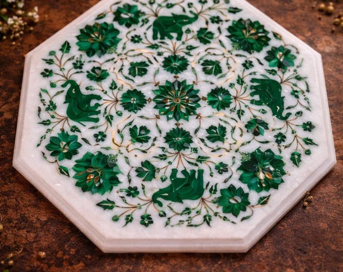 Malachite Inlay Marble Table Top, Handmade Pietra Dura Art