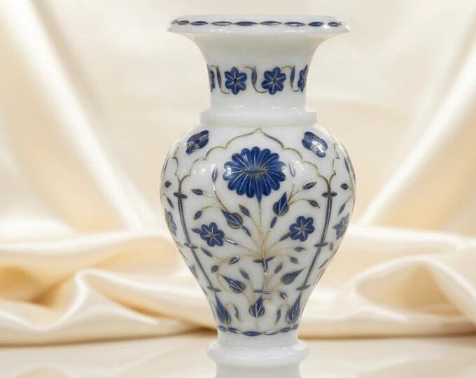 Luxury Lapis Lazuli Marble Vase | Handmade Floral Pietra Dura Inlay Flower Vase