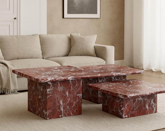 Handmade Rosso Levanto Marble Coffee Table Set Modern Layered Design