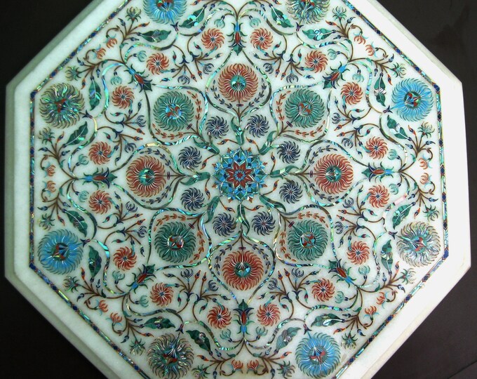 13 x 13 Inches Intricate Floral Inlay Octagonal Marble Table Top with Semi-Precious Stones